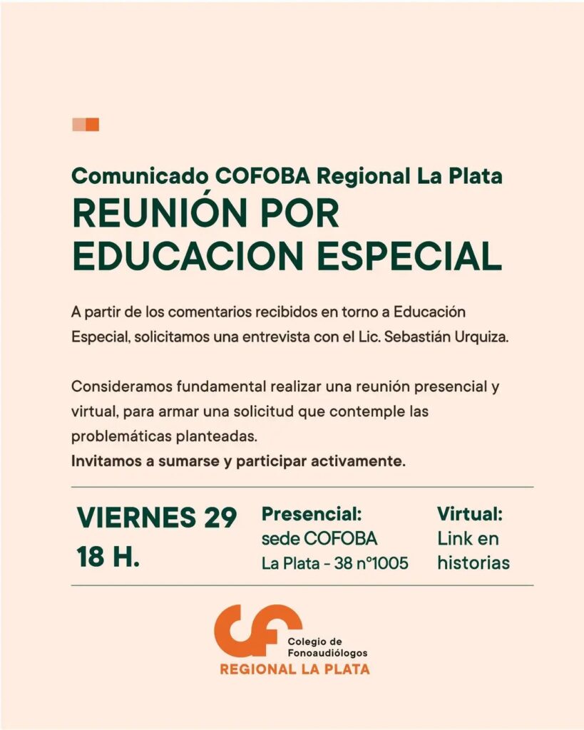 Reunión por Educación Especial. Viernes 29 de Agosto 18 hs.